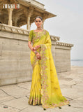 Yellow Mehendi Shaded Gadwal Silk Saree with Magenta Silk Blouse and Exquisite Handwork, Embroidery - 7010