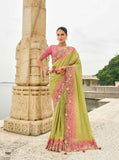 Pink Green Shaded Gadwal Silk Saree with Magenta Silk Blouse and Exquisite Handwork, Embroidery - 7001