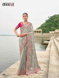 Gray Gadwal Silk Saree with Magenta Silk Blouse and Exquisite Handwork, Embroidery - 7005