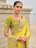 Yellow Mehendi Shaded Gadwal Silk Saree with Magenta Silk Blouse and Exquisite Handwork, Embroidery - 7010