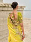 Yellow Mehendi Shaded Gadwal Silk Saree with Magenta Silk Blouse and Exquisite Handwork, Embroidery - 7010