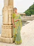 Pista Green Shaded Gadwal Silk Saree with Magenta Silk Blouse and Exquisite Handwork, Embroidery - 7002