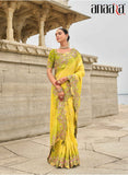 Yellow Mehendi Shaded Gadwal Silk Saree with Magenta Silk Blouse and Exquisite Handwork, Embroidery - 7010