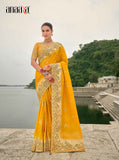 Yellow Pure Viscose Embroidered HandWork C-Pallu Saree with Yellow Silk Blouse - 7204