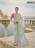 Sky Blue Pure Viscose Embroidered HandWork C-Pallu Saree with Pink Silk Blouse - 7205