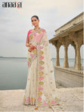 Off-White Pure Viscose Embroidered HandWork C-Pallu Saree with Pink Silk Blouse - 7207