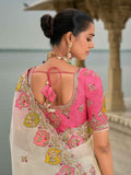 Off-White Pure Viscose Embroidered HandWork C-Pallu Saree with Pink Silk Blouse - 7207