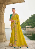 Yellow Green Pure Viscose Embroidered HandWork C-Pallu Saree with Green Silk Blouse - 7208