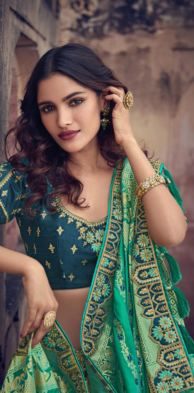 Jade Green Weaving Banarasi Silk Khatli Work Embroidery Lehenga Choli