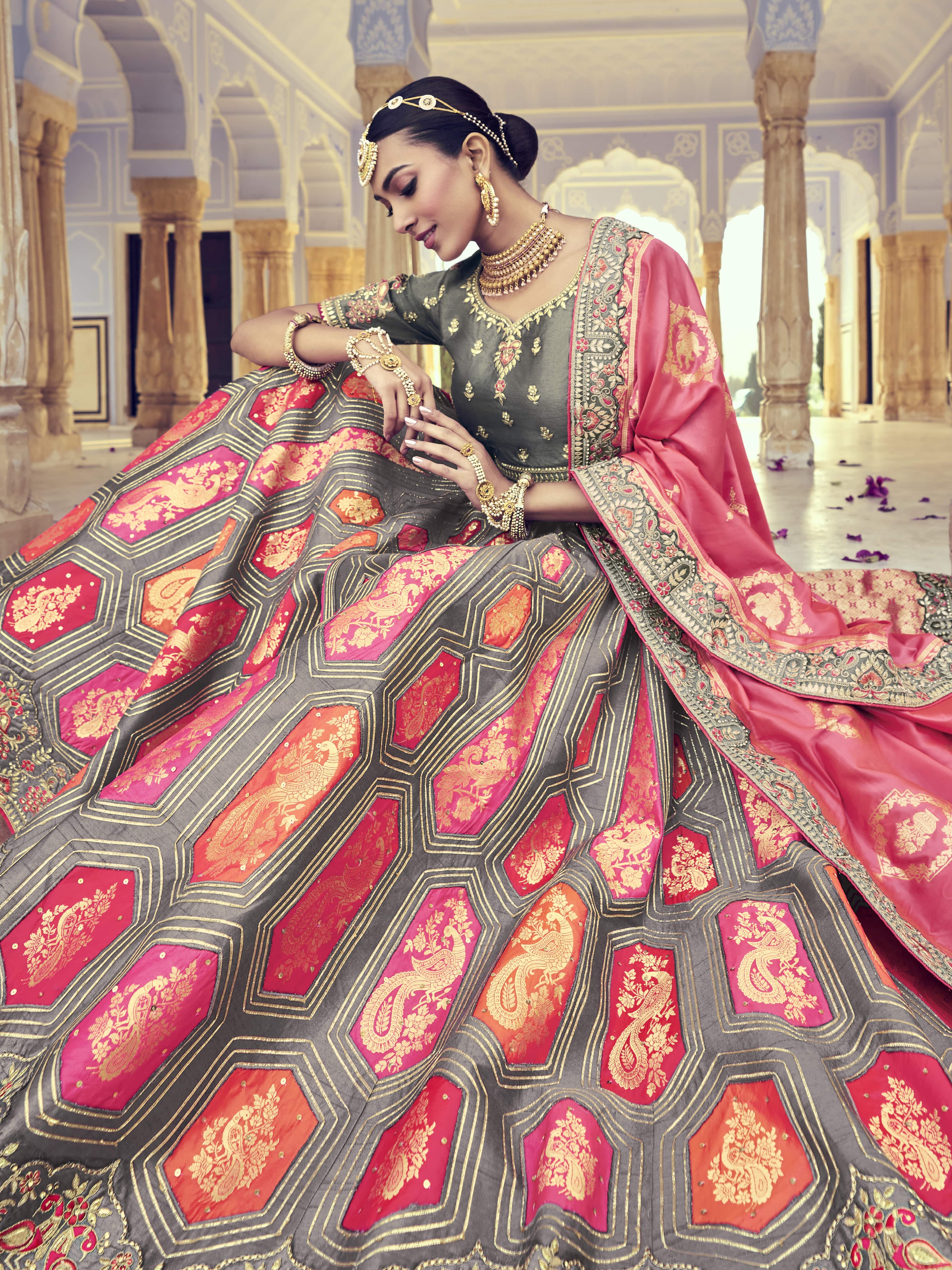 Deep Pink Satin Embroidered Bridal Lehenga Choli